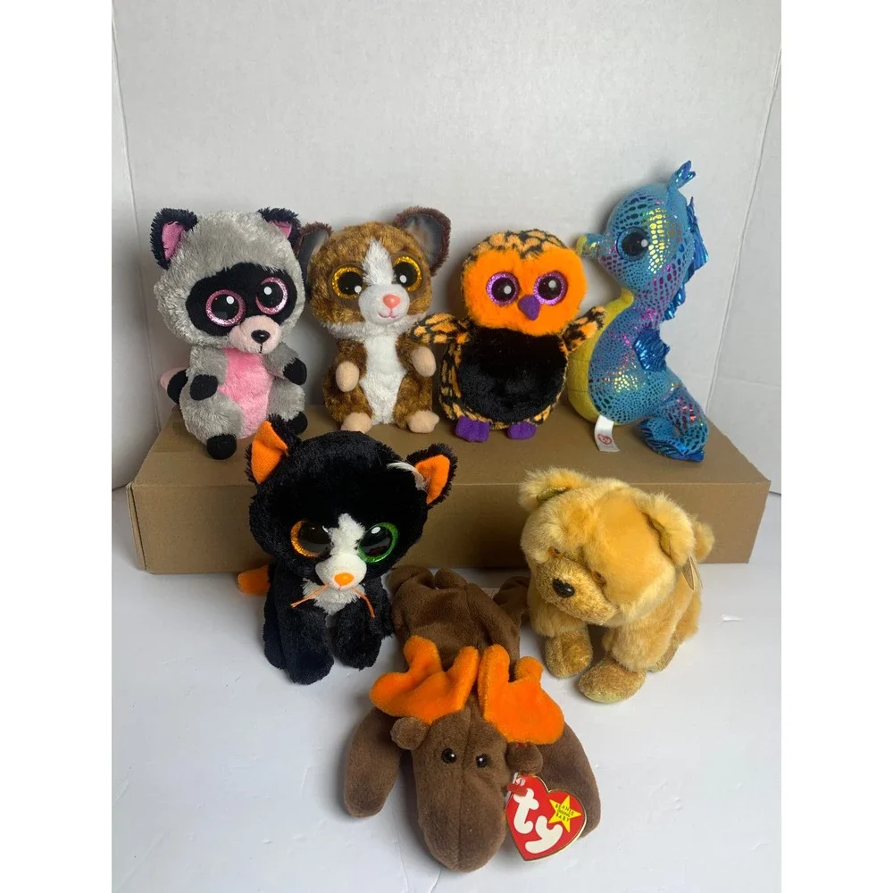 Ty Beanie Boos and Beanie Babies‎ Lot of 7 Chocolate Moose Neptune Zodiac Dog+
